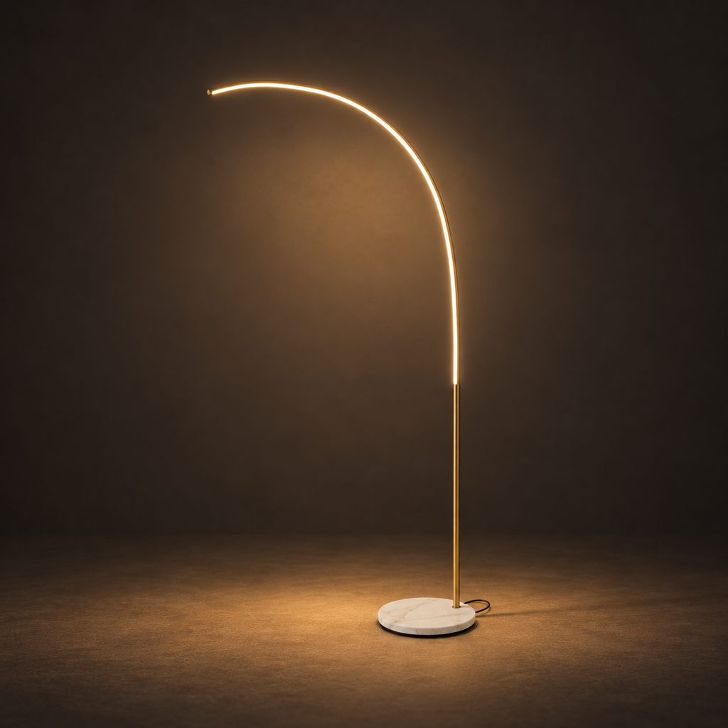 Arc Reading Lamp illuminated against a warm charcoal gallery background