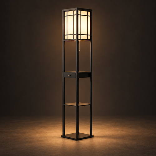 Beam & Shelf - Lucerna illuminated against a warm charcoal gallery background