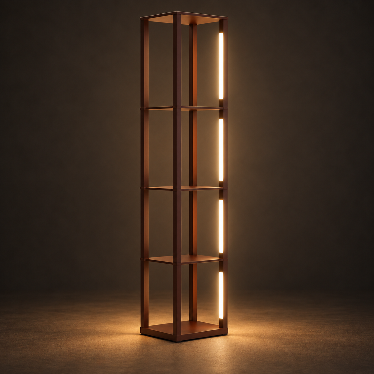 Beam & Shelf - Lumos Floor Lamp with Shelves illuminated against a warm charcoal gallery background