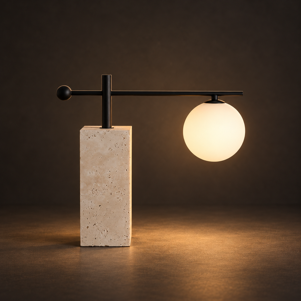 Equilibrium Table Lamp illuminated against a warm charcoal gallery background