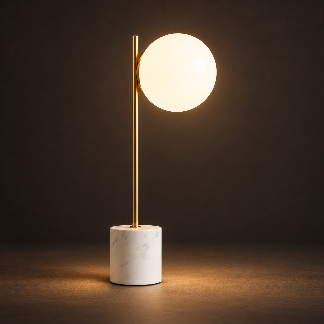 Luna Marble Table Lamp illuminated against a warm charcoal gallery background