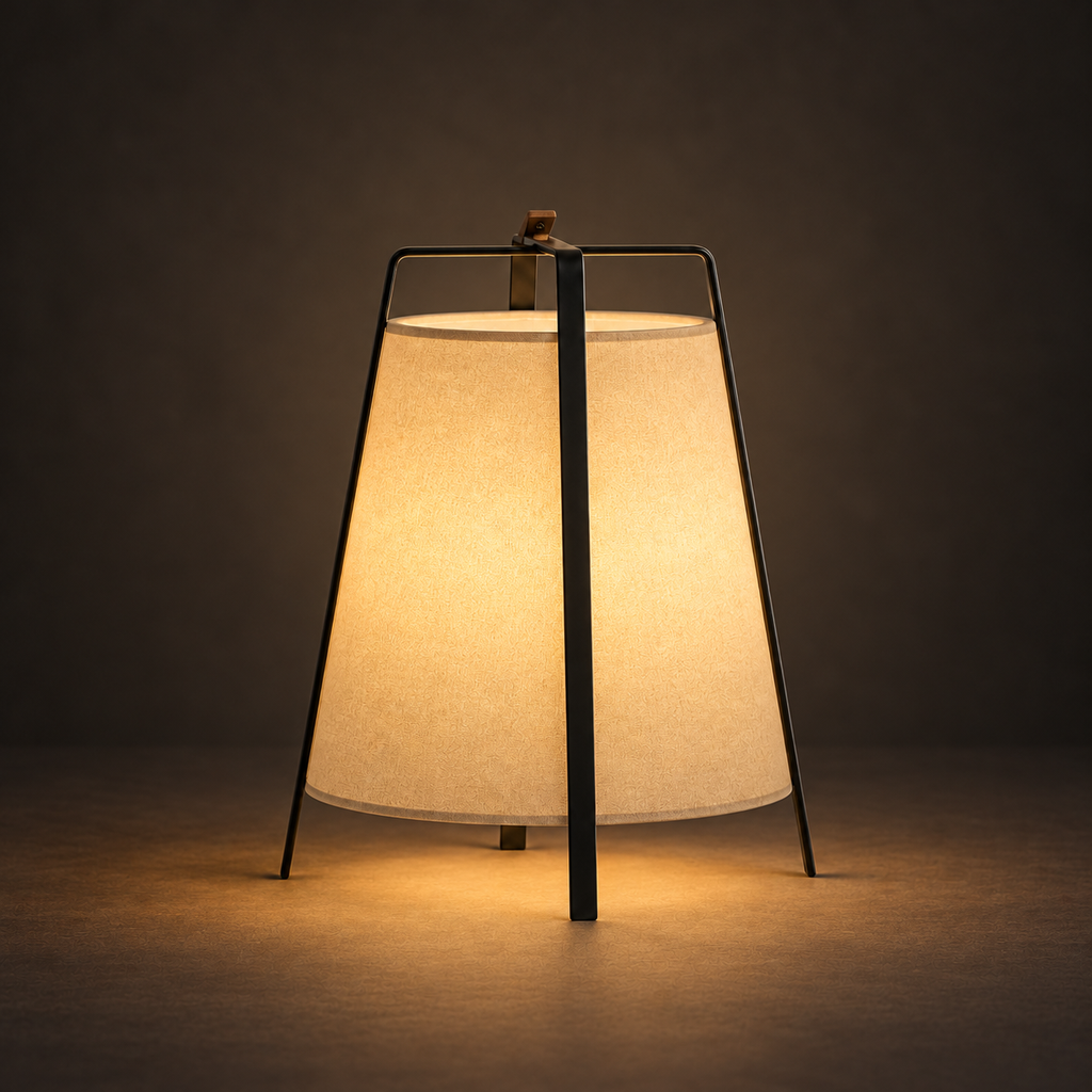 Mons - Wabi Sabi Floor Lamp illuminated against a warm charcoal gallery background