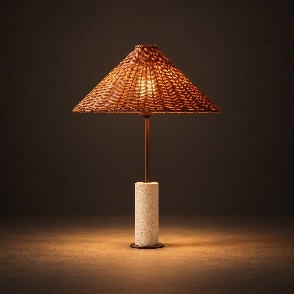 Okinawa Woven Table Lamp illuminated against a warm charcoal gallery background